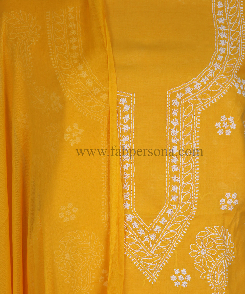 Pure Cotton  Chikankari Hand Embroidery Work Unstitched Suit Chiffon Dupatta