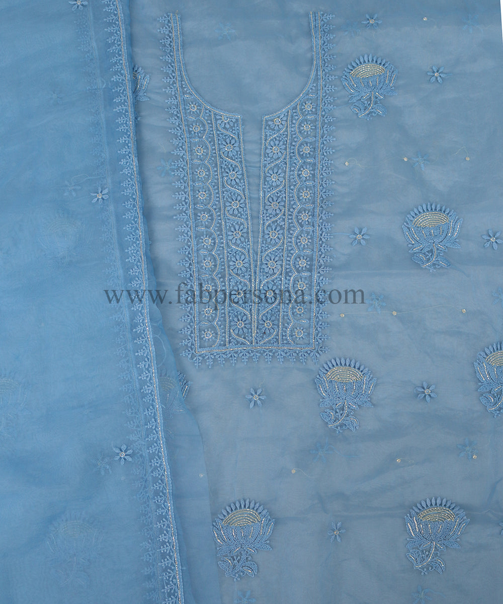 Pure Organza Chikankari Hand Embroidery With Pearl Cutdana Work Unstitched Suit With Dupatta.