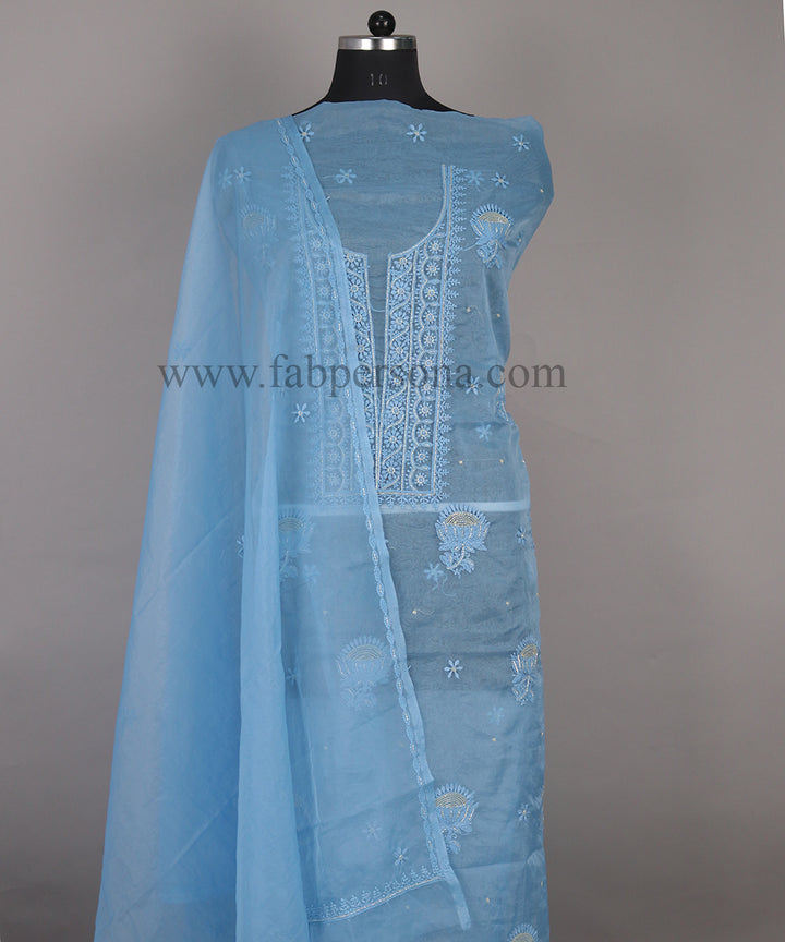 Pure Organza Chikankari Hand Embroidery With Pearl Cutdana Work Unstitched Suit With Dupatta.