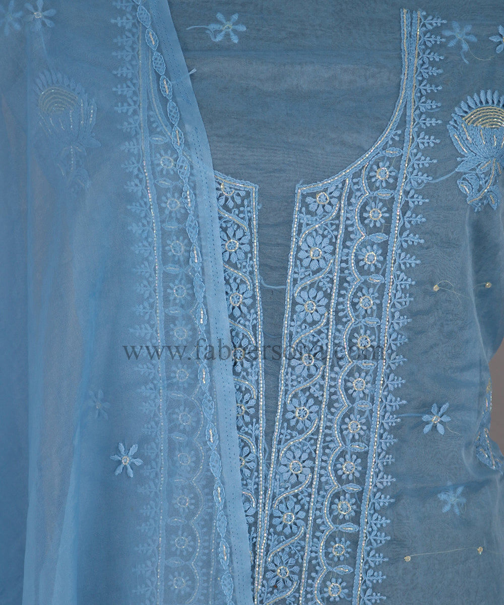 Pure Organza Chikankari Hand Embroidery With Pearl Cutdana Work Unstitched Suit With Dupatta.