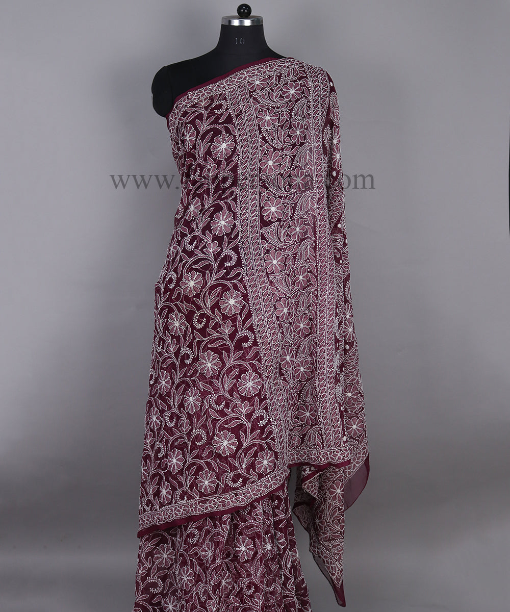 Pure Chiffon Georgette All Over Chikankari Saree With Heavy Hand Work Embroidery.