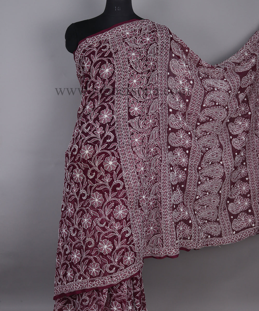 Pure Chiffon Georgette All Over Chikankari Saree With Heavy Hand Work Embroidery.