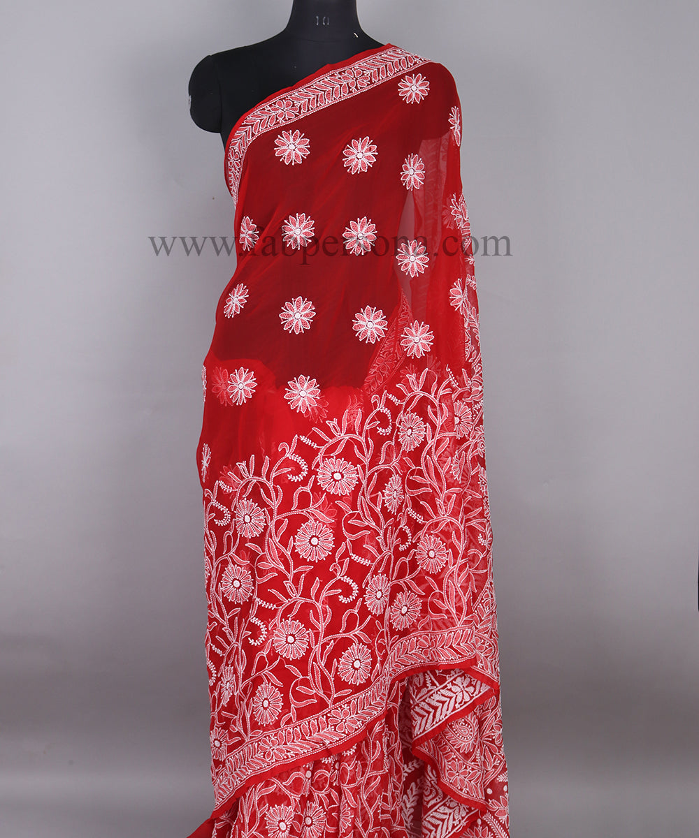 Pure Chiffon Georgette Chikankari Hand Embroidery Saree with Blouse.