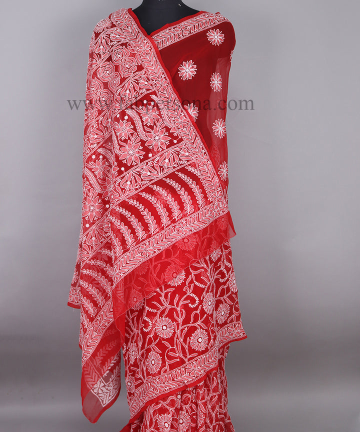 Pure Chiffon Georgette Chikankari Hand Embroidery Saree with Blouse.