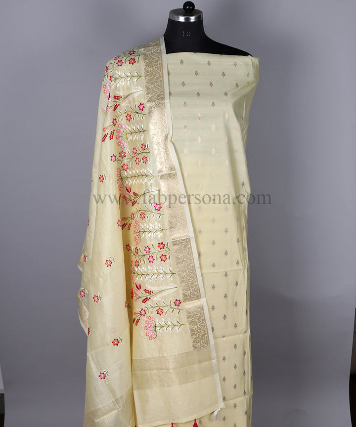Fabpersona's Exclusive Pure Banarasi Chanderi Resham Silk Zari Woven Unstitched Suit With Chanderi Embroidery Dupatta