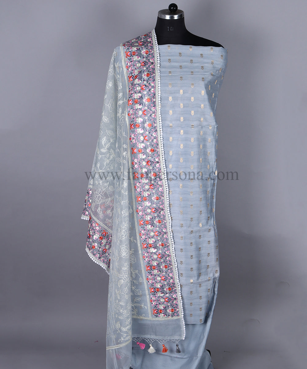 Pure Banarasi Chanderi Silk Zari Weaved Unstitched Suit With Banarsi Organza Embroidery Dupatta