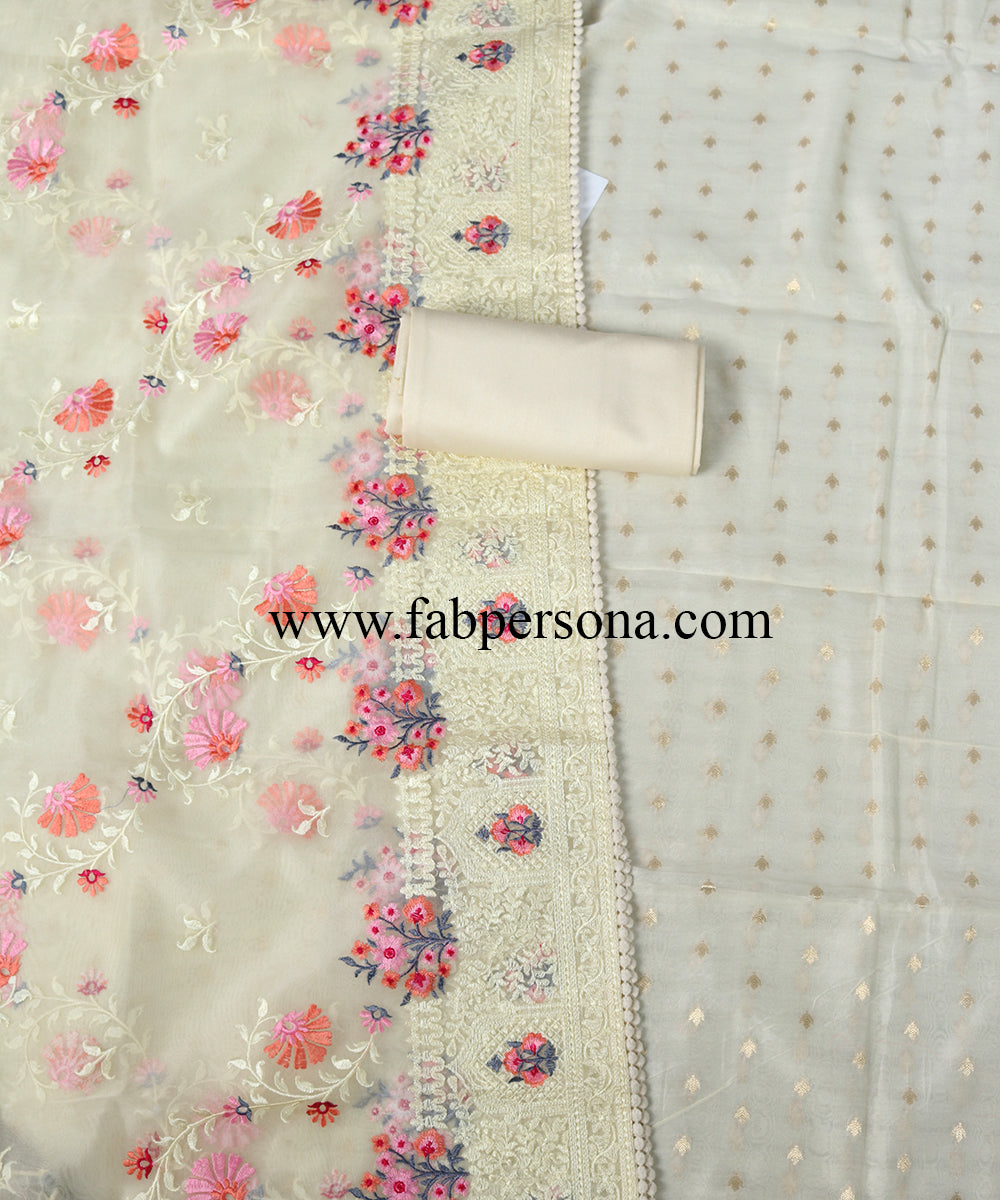 Fabpersona's Exclusive Pure Banarasi Chanderi Resham Weaved Unstitched Suit With Organza Silk Beautiful Multi Embroidery Dupatta