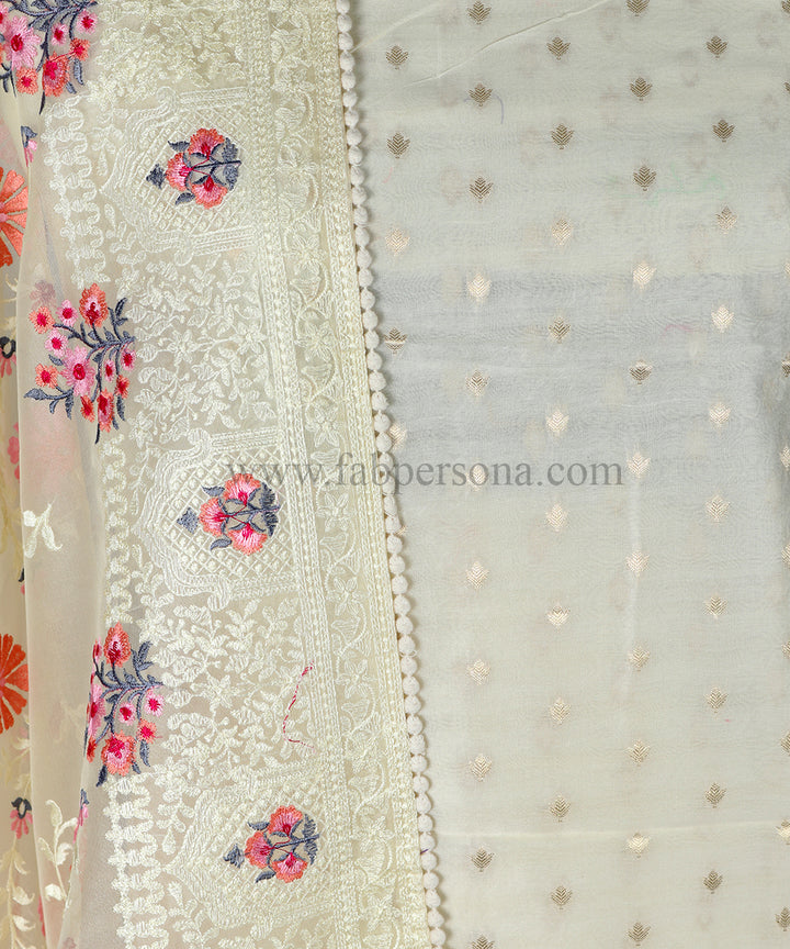 Fabpersona's Exclusive Pure Banarasi Chanderi Resham Weaved Unstitched Suit With Organza Silk Beautiful Multi Embroidery Dupatta