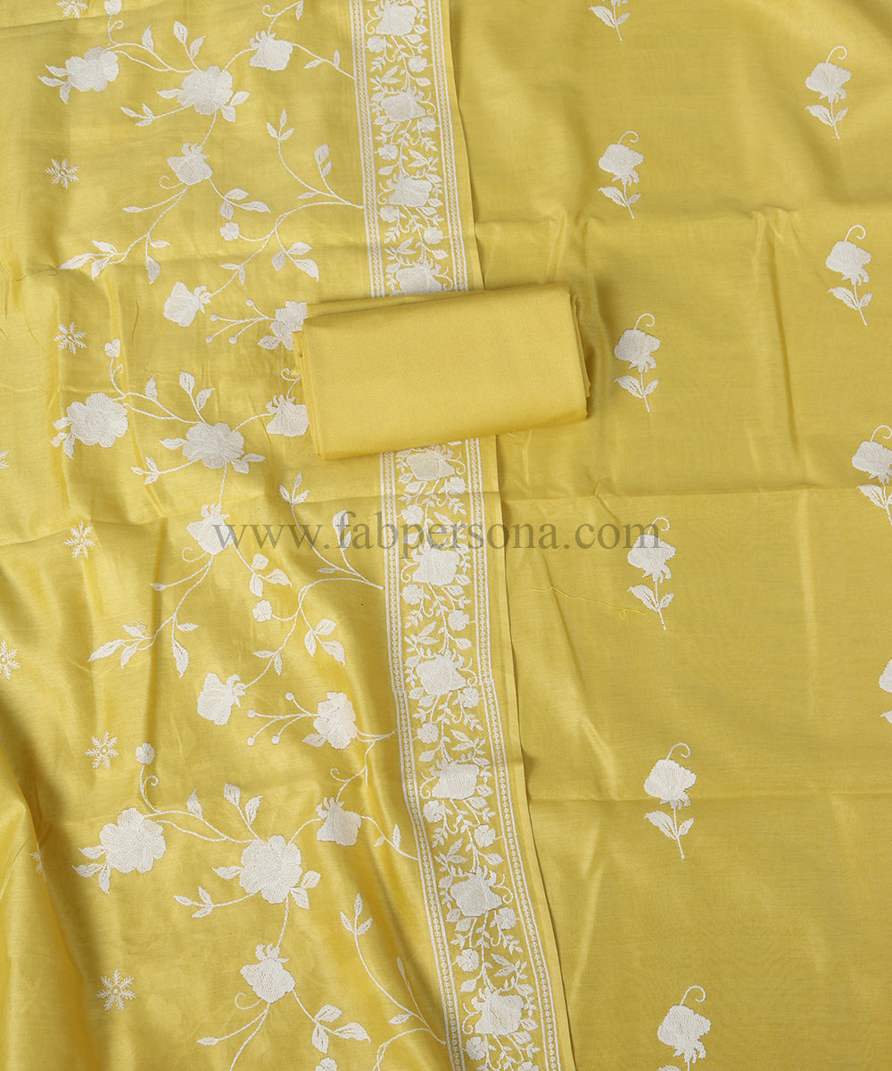 Pure Banarasi Resham Chanderi Silk Chikankari Embroidery Work Suit With Dupatta