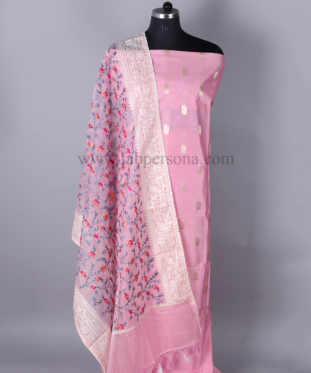 Pure Banarasi Resham Chanderi Silk Zari Weaved Suit With Organza Silk Embroidery Dupatta