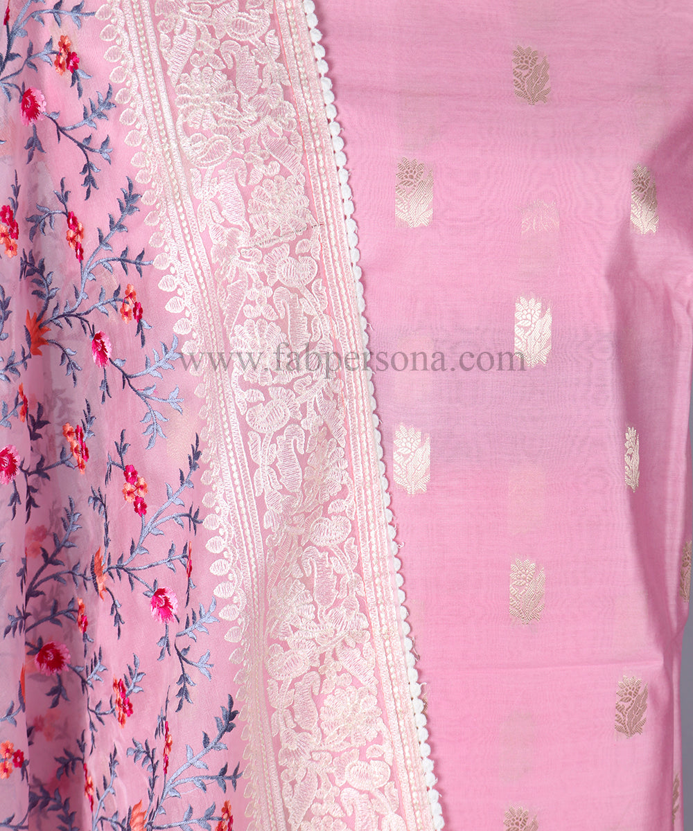 Pure Banarasi Resham Chanderi Silk Zari Weaved Suit With Organza Silk Embroidery Dupatta