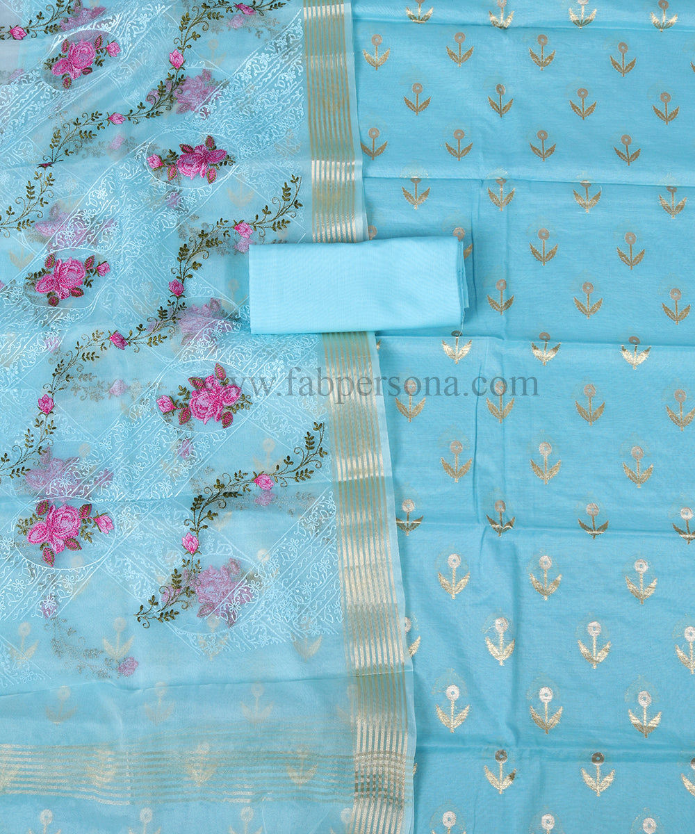 Pure Banarasi Chanderi Silk Cotton Alfi Zari Buti Weaved Unstitched Suit With Organza Embroidery Dupatta.