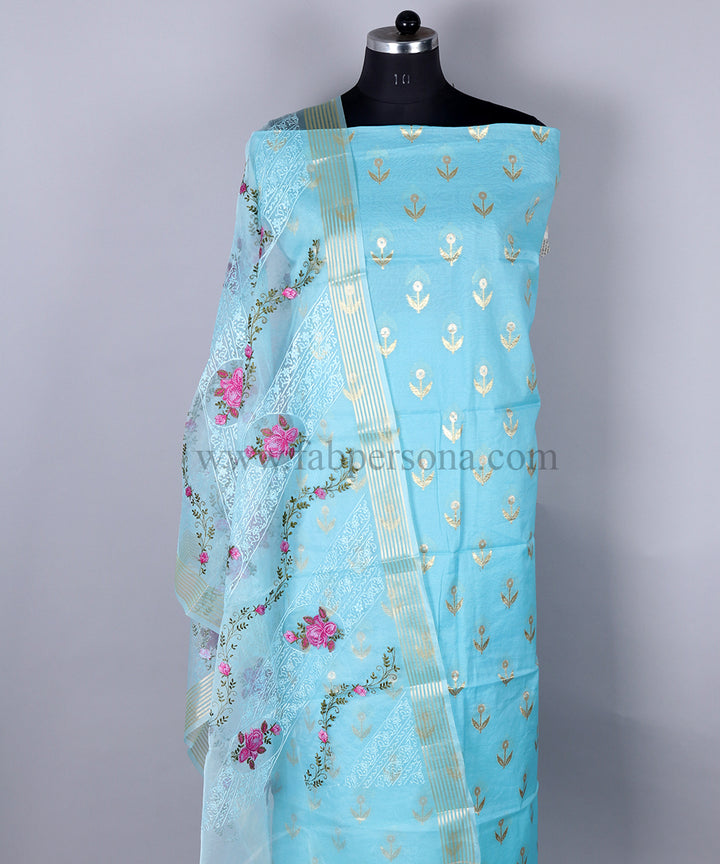 Pure Banarasi Chanderi Silk Cotton Alfi Zari Buti Weaved Unstitched Suit With Organza Embroidery Dupatta.