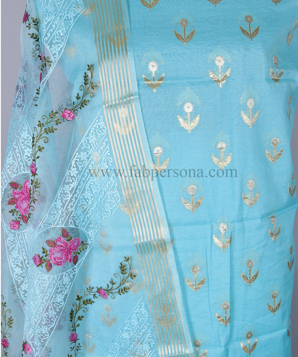 Pure Banarasi Chanderi Silk Cotton Alfi Zari Buti Weaved Unstitched Suit With Organza Embroidery Dupatta.