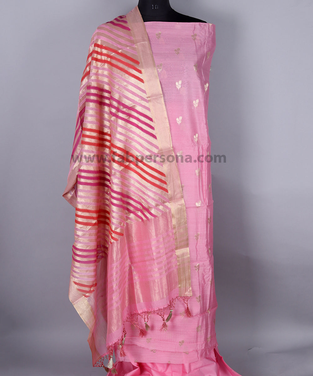 Pure Banarasi Chanderi Zari Weaved Unstitched Suit With Chanderi Dupatta.