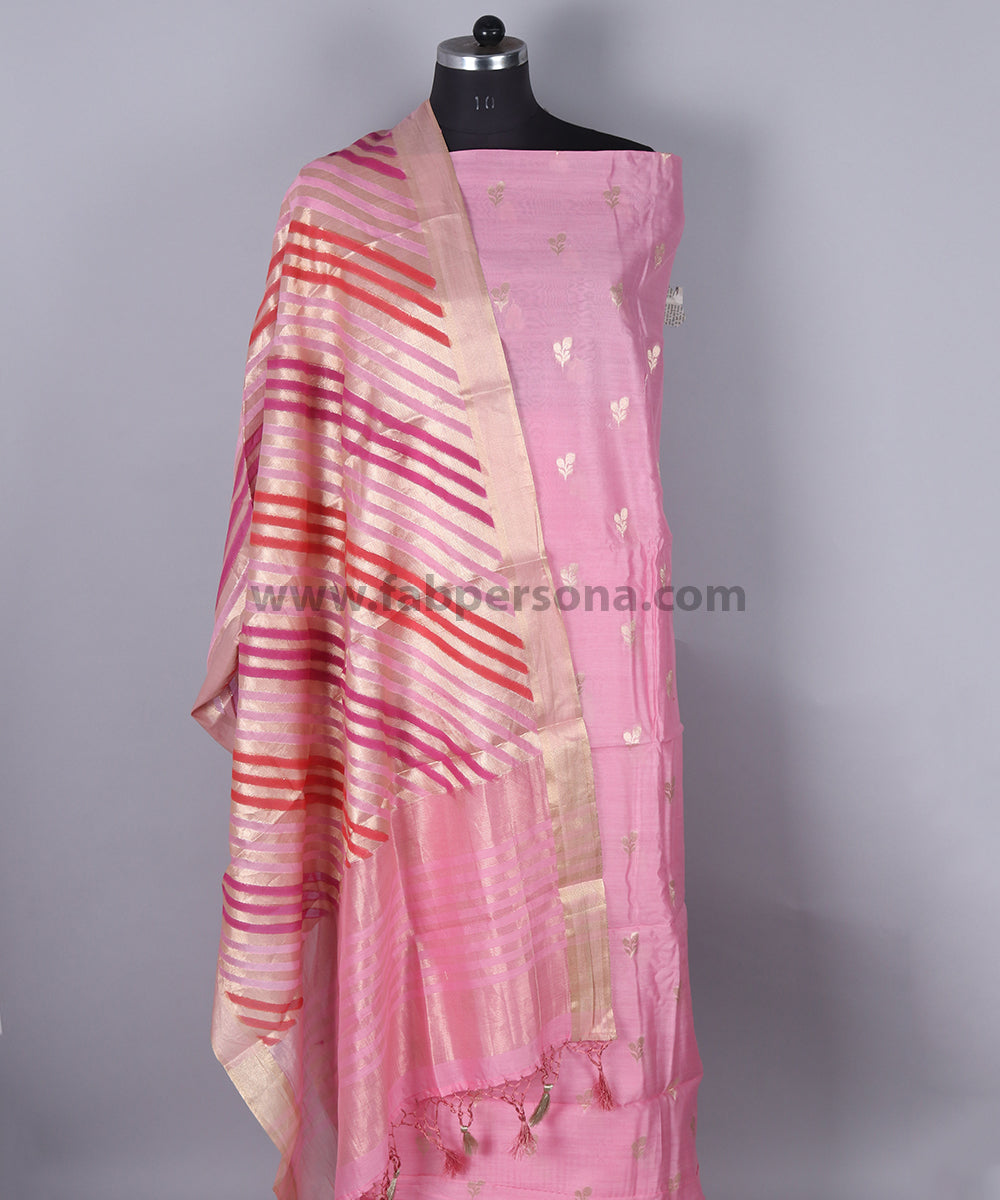 Pure Banarasi Chanderi Zari Weaved Unstitched Suit With Chanderi Dupatta.