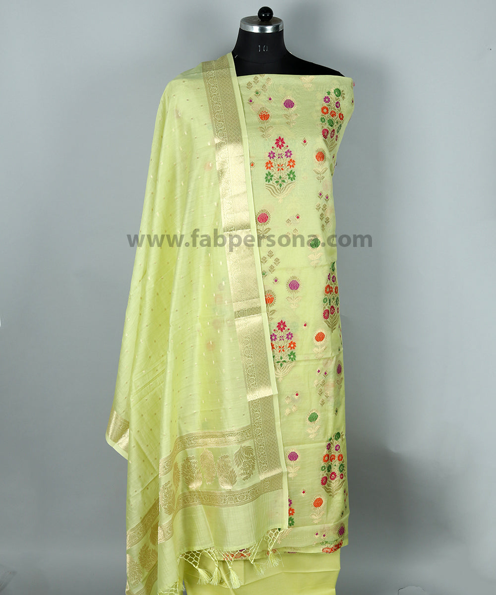 Banarasi Pure Silk Chanderi Meenakari Heavy Unstitched Suit With Zari weaved Dupatta