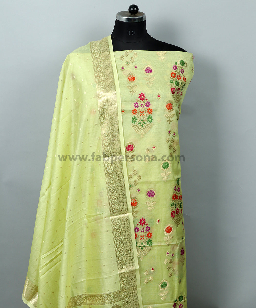 Banarasi Pure Silk Chanderi Meenakari Heavy Unstitched Suit With Zari weaved Dupatta