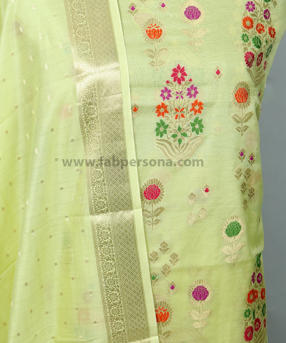 Banarasi Pure Silk Chanderi Meenakari Heavy Unstitched Suit With Zari weaved Dupatta