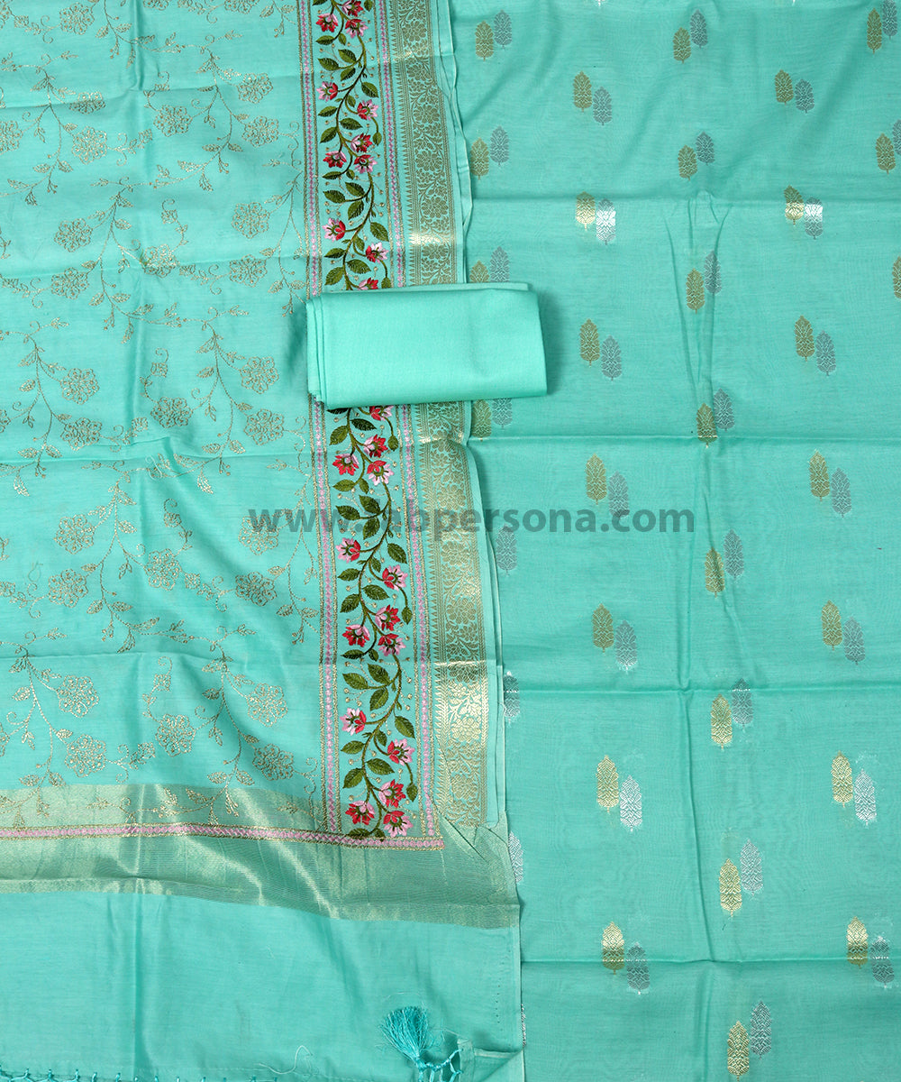 Pure Banarasi Resham Chanderi Silk Silver Booti Unstitched Suit With Pure Chanderi Silk Zari Embroidery Dupatta