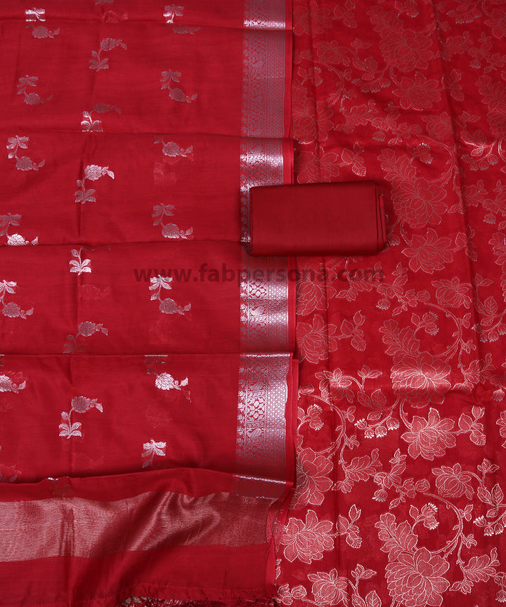 Pure Banarsi Silk Chanderi Light Zari Weaved Unstitched Suit With Banarsi Silk Buti Weaved Dupatta.