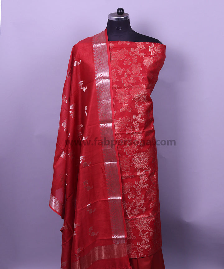 Pure Banarsi Silk Chanderi Light Zari Weaved Unstitched Suit With Banarsi Silk Buti Weaved Dupatta.