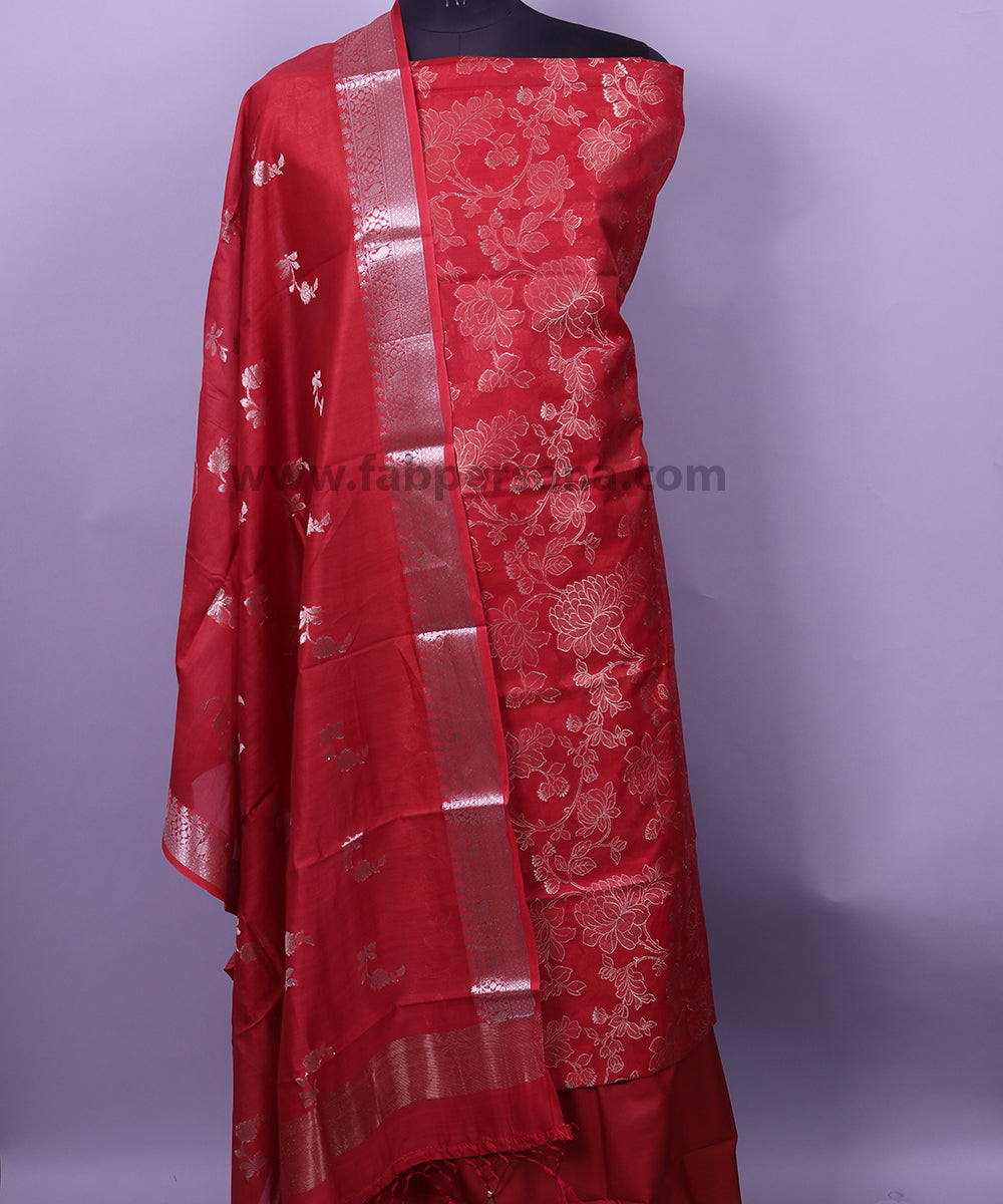 Pure Banarsi Silk Chanderi Light Zari Weaved Unstitched Suit With Banarsi Silk Buti Weaved Dupatta.