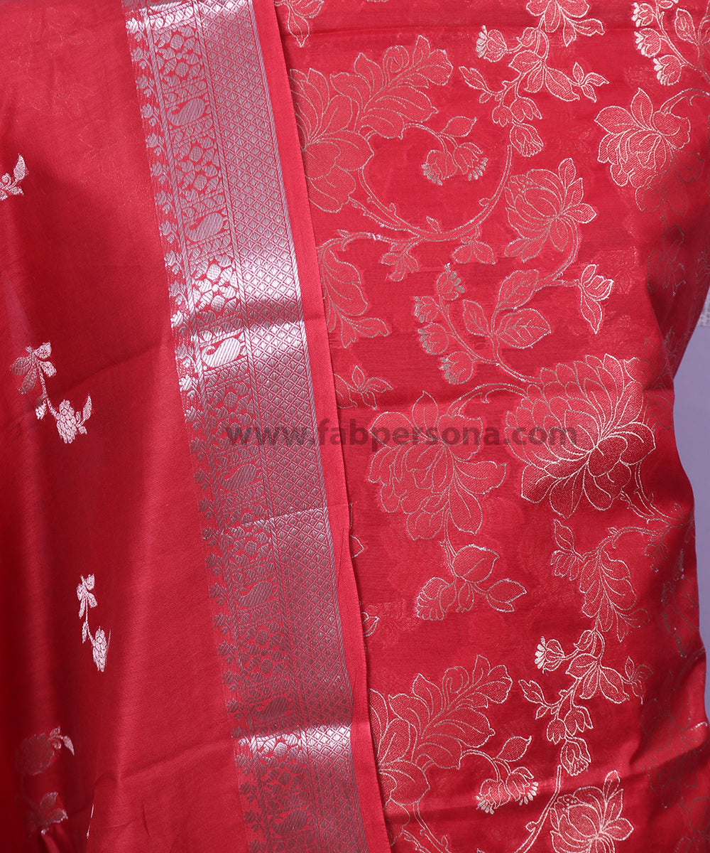 Pure Banarsi Silk Chanderi Light Zari Weaved Unstitched Suit With Banarsi Silk Buti Weaved Dupatta.