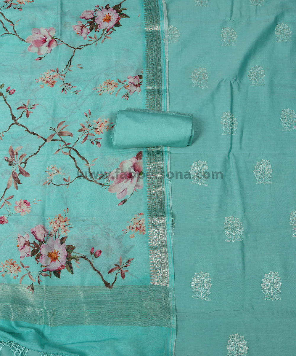 Pure Banarasi Resham Silk Chanderi Embroidery Unstitched Suit With Digital Print Dupatta