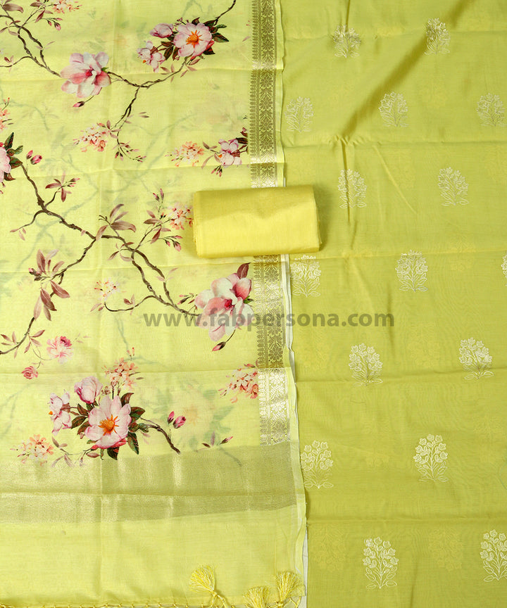 Pure Banarasi Chanderi Silk Resham Work Unstitched Suit With Digital Print Dupatta.