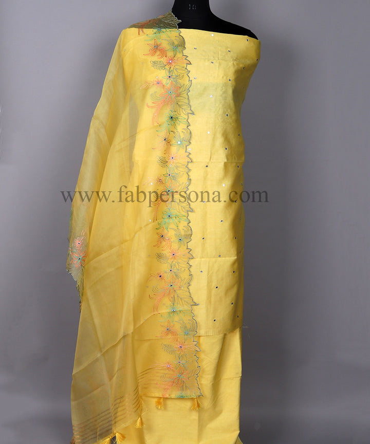Pure Banarasi Chanderi Silk Mirror Work Unstitched Suit With Organza Silk Dupatta.