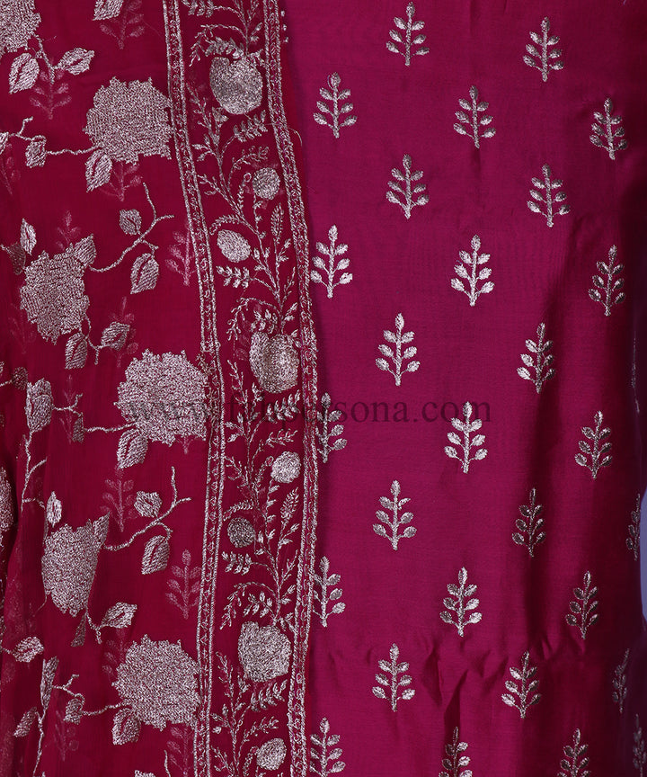 Pure Banarasi Resham Silk Chanderi Zari Embroidery Unstitched Suit With Chinon Zari Embroidery Dupatta