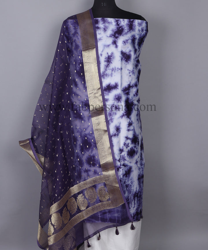 Pure Banarasi Chanderi Silk Shibori Print Unstitched Suit With Organza Zari Buti Dupatta.