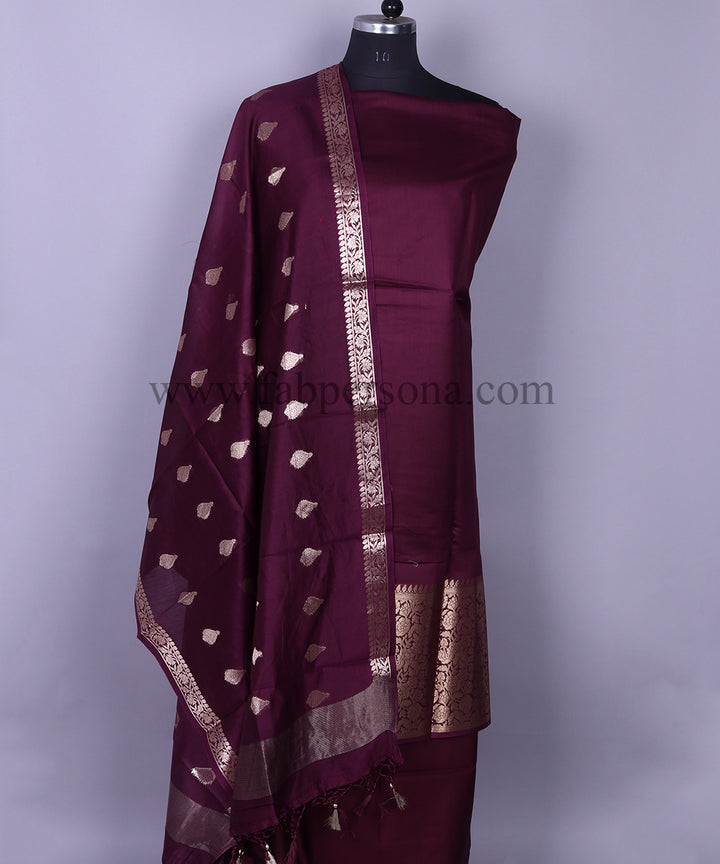 Wine Color Pure Resham Chanderi  Banarasi  Silk Unstitched Suit With Dupatta