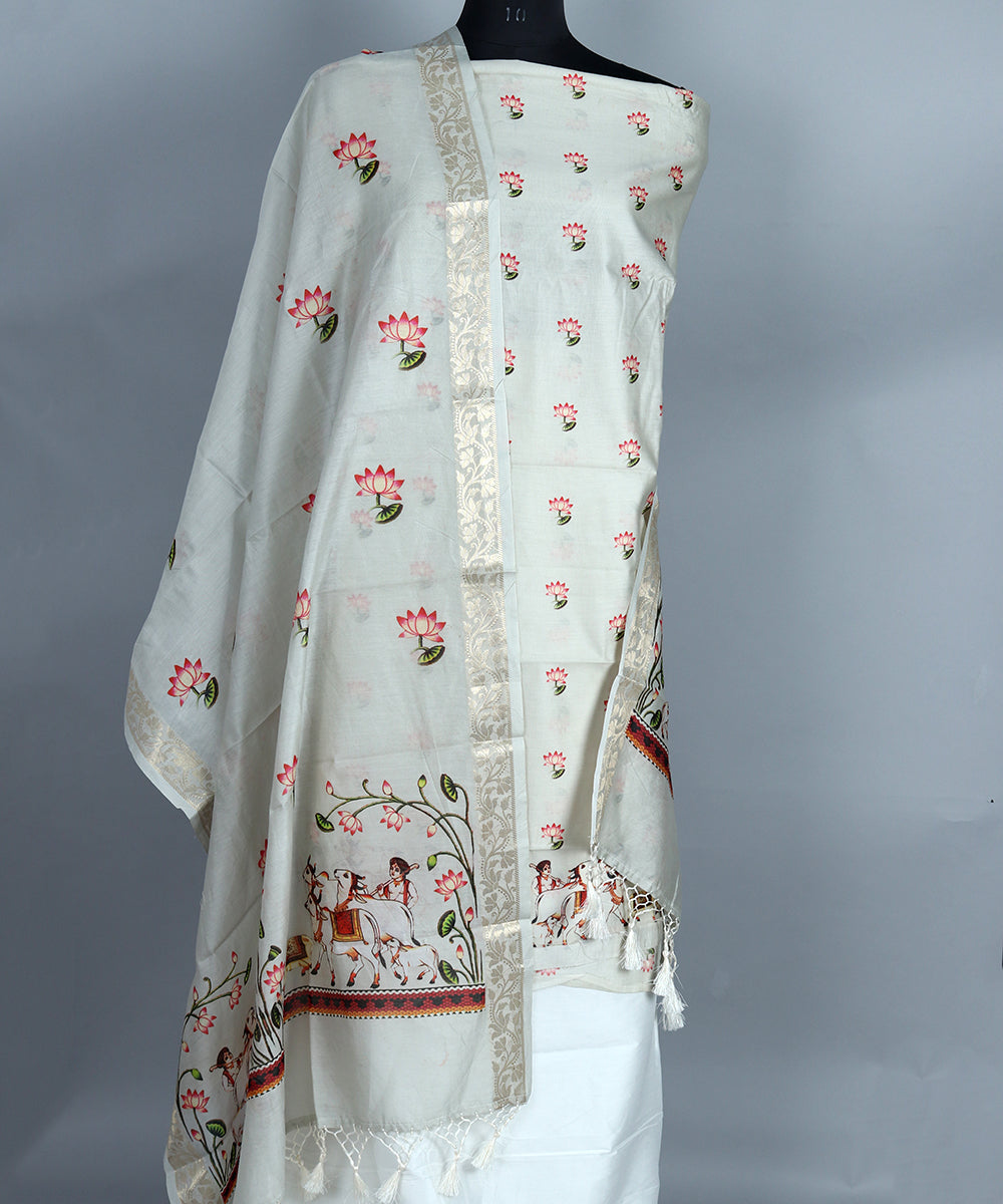 Pure banarasi chanderi silk unstitched suit with banrasi chanderi pichwai work dupatta