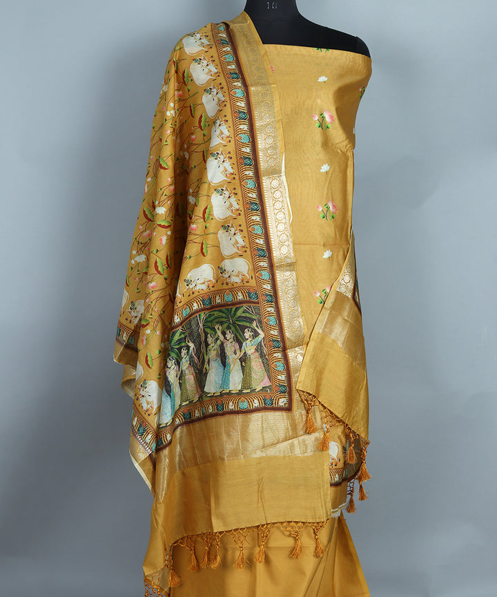 Pure Banarasi Chanderi Silk Pichwai Print Unstitched Suit with Chanderi Silk  Pichwai Print Dupatta