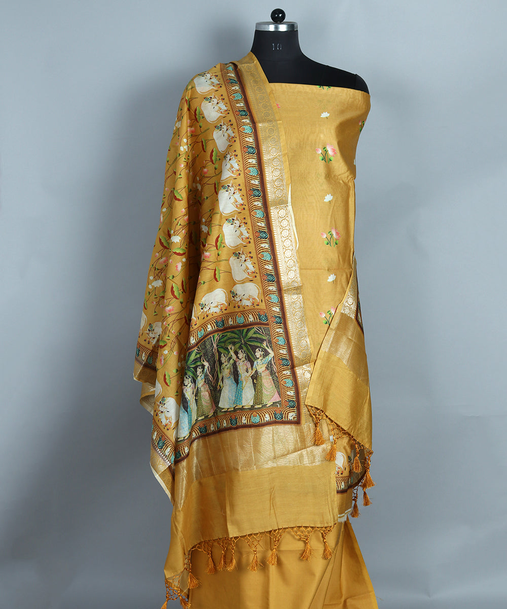 Pure Banarasi Chanderi Silk Pichwai Print Unstitched Suit with Chanderi Silk  Pichwai Print Dupatta