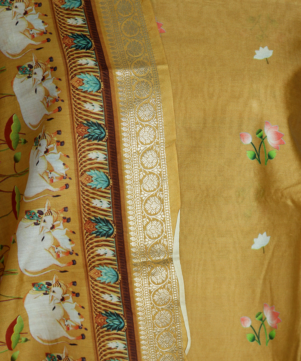 Pure Banarasi Chanderi Silk Pichwai Print Unstitched Suit with Chanderi Silk  Pichwai Print Dupatta