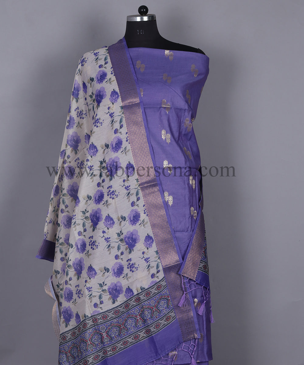 Pure Banarasi Cotton Chanderi Silk Zari Work Unstitched Suit With Digital Print Dupatta.