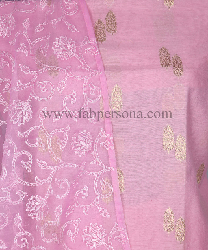 Pure Banarasi Chanderi Silk Zari Work Unstitched Suit With Organza Silk Chikaznkari Work Dupatta.