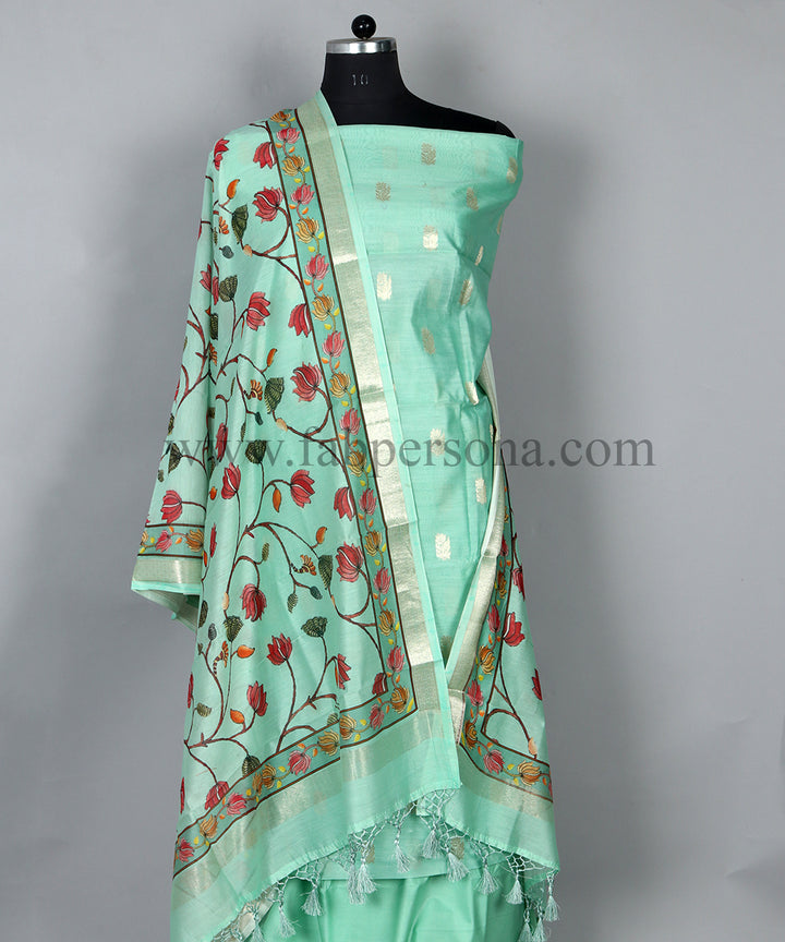 Pure Banarasi Chanderi Resham Silk Zari Buti Woven Unstitched Suit With Chanderi Floral Print  Silk Dupatta