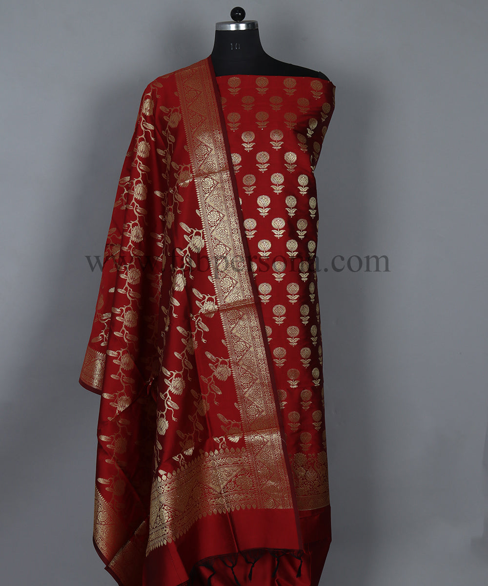 Pure Banarasi Silk Unstitched Suit With Silk Border Jaal Dupatta