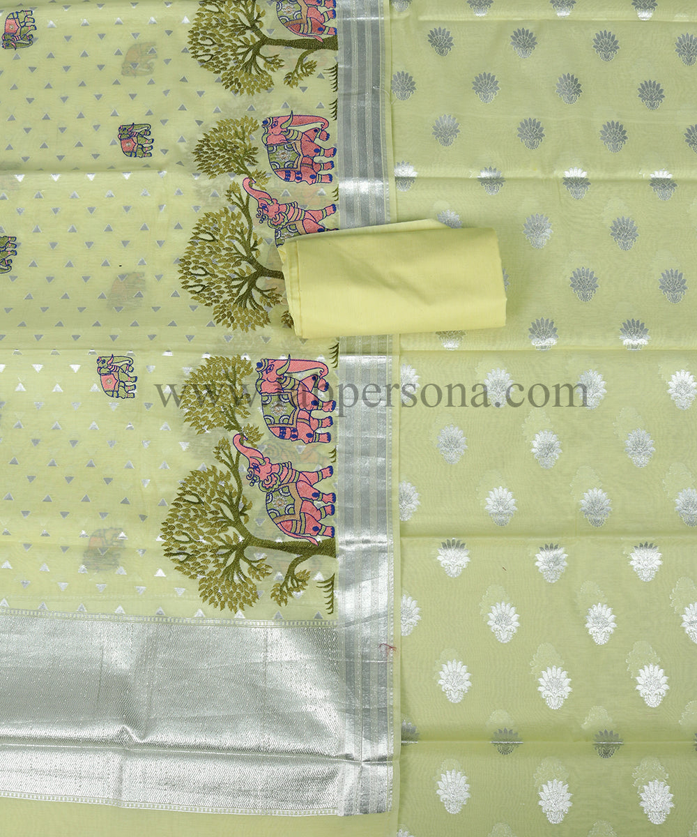 Pure Chanderi Banarasi Lorex Unstitched Suit With Lorex Tilfi Embroider Dupatta.