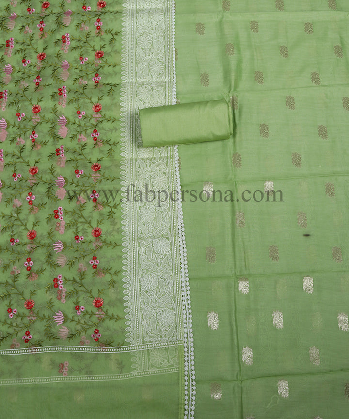Pure Banarasi Resham Chanderi Silk Zari Weaved Suit With Organza Silk Embroidery Dupatta