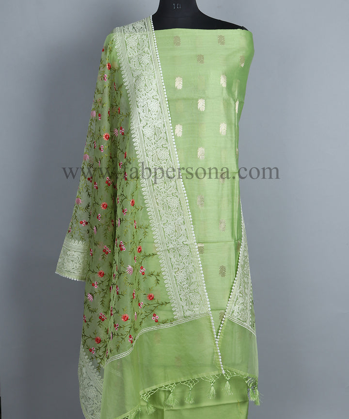 Pure Banarasi Resham Chanderi Silk Zari Weaved Suit With Organza Silk Embroidery Dupatta