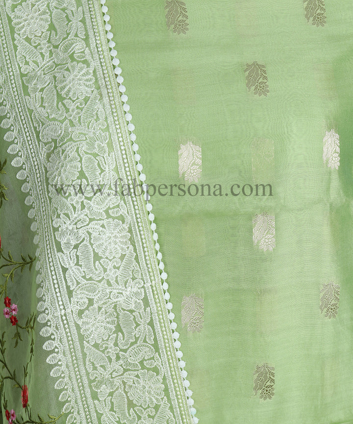 Pure Banarasi Resham Chanderi Silk Zari Weaved Suit With Organza Silk Embroidery Dupatta