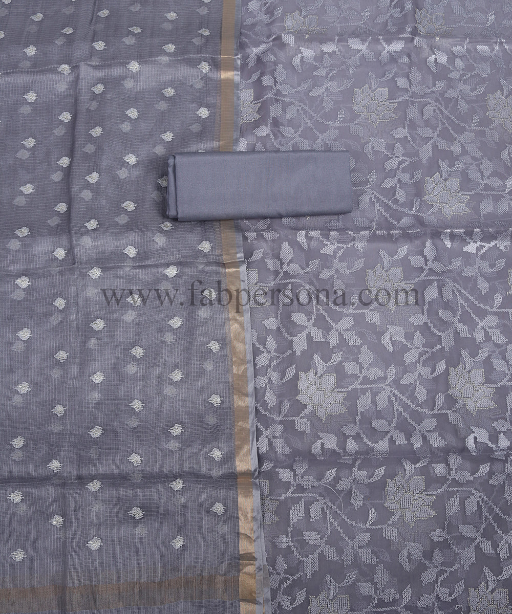 Banarasi Pure Organza Silk Embroidery Unstitched Suit With Katan Kota Doriya Dupatta.