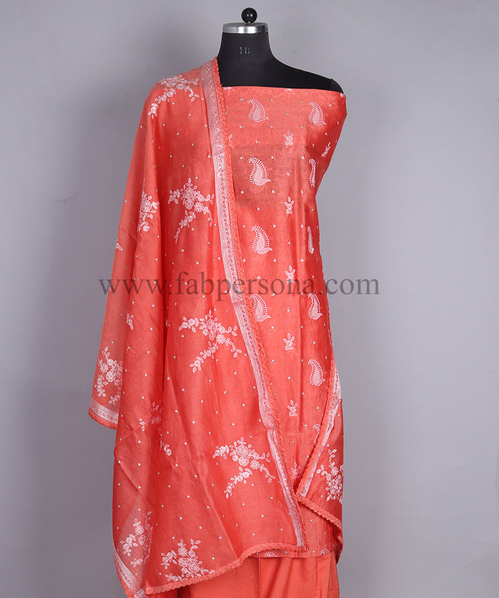 Banarasi Chanderi Silk Chikankari Work Unstitched Suit With Chanderi Silk Work Dupatta.