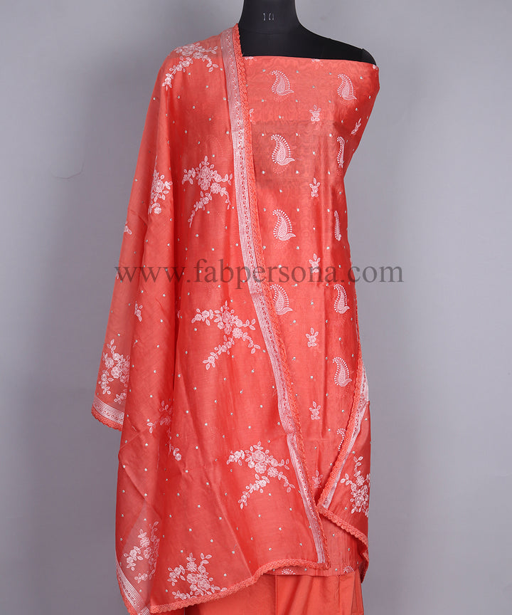 Banarasi Chanderi Silk Chikankari Work Unstitched Suit With Chanderi Silk Work Dupatta.
