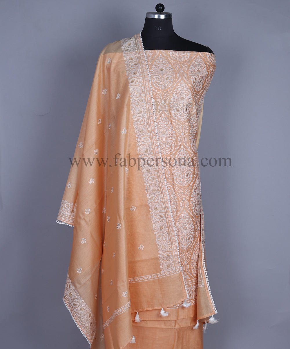 Pure Banarasi Rasham Chanderi Resham Weaved Unstitched Suit With Pure Resham Chanderi Resham Weaved Dupatta.